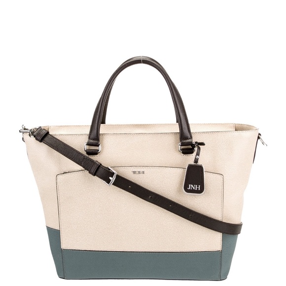 Tumi Handbags - Tumi Cream and Green Tote Leather Bag